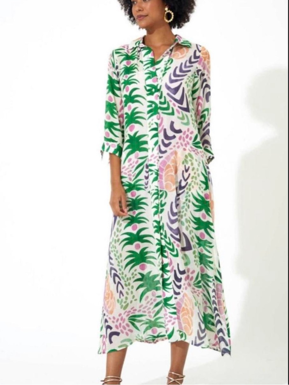 Oliphant Green White Pink Print Midi Dress